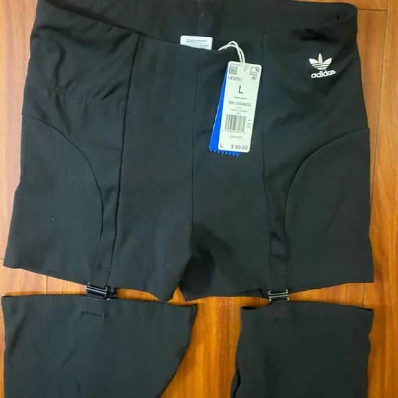 🏍️ Adidas Cool Black Ribbed Tights Leggings Garter Belt Style NWT - Picture 1 of 3